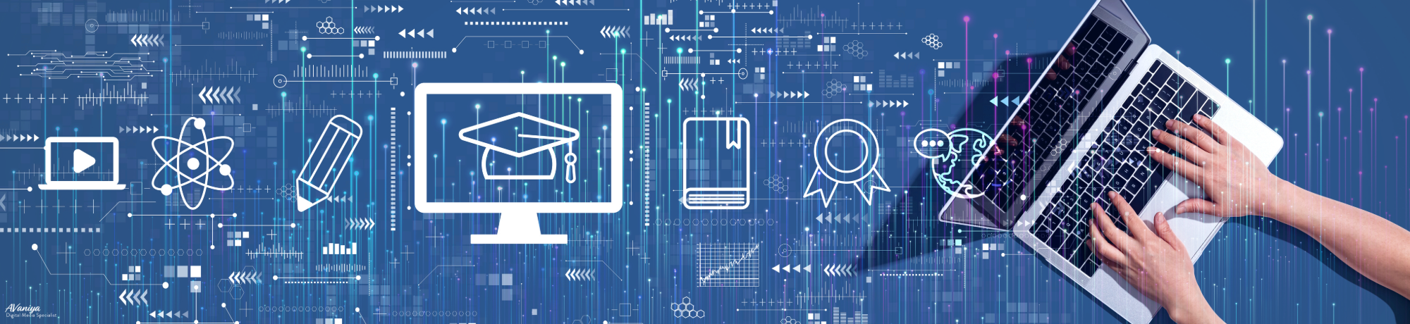 Persons hands showing with laptop. Icons of education.